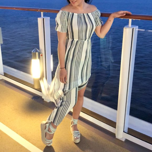 Linen Maxi Dress High Slit w/ Elastic Waistband Blue and White Stripes - Picture 7 of 7